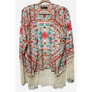 Floral Multicolor Poncho with Fringe